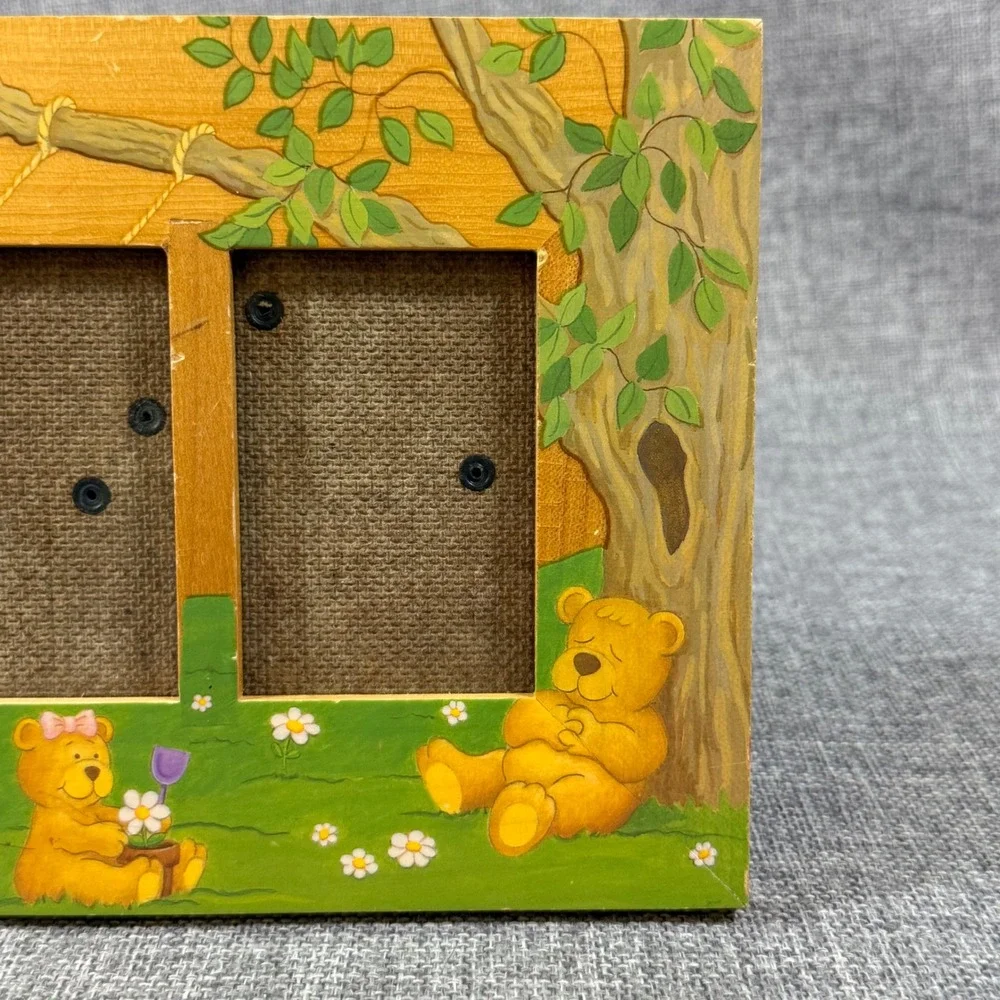 VTG Fetco Teddy Bear Tree Double Photo Frame Kids Baby Nursery Green Wood Whimsy
